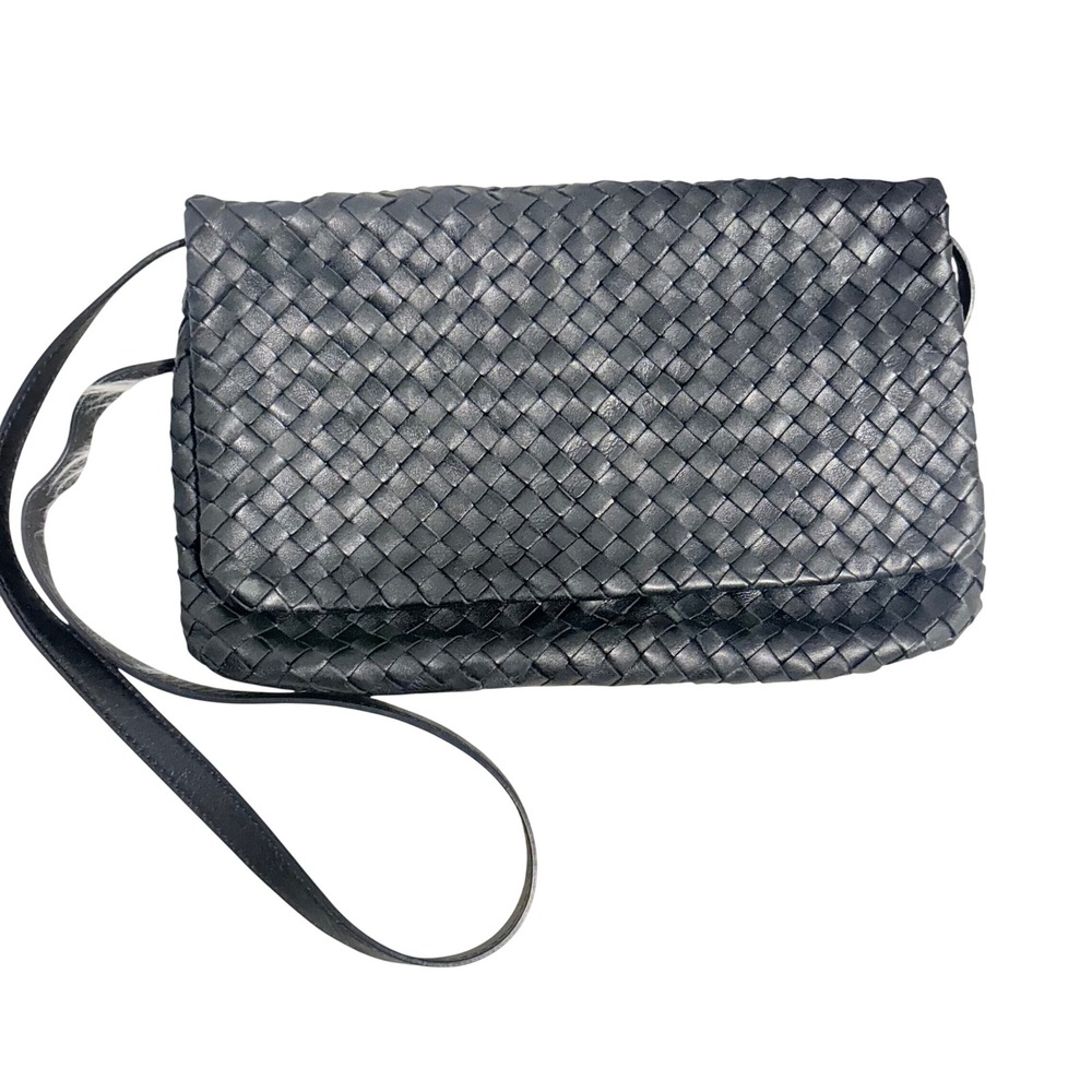 Christopher Kon Black Woven Leather Flap Crossbody Bag Clutch